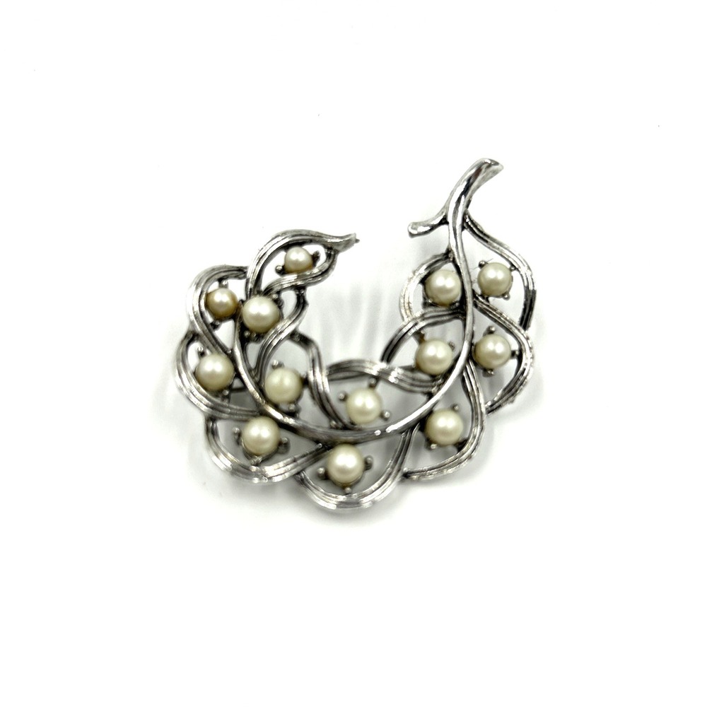 Vintage Brooch Pin Silver Tone Faux Pearl Floral‎ Leaf Flower VTG Jewelry